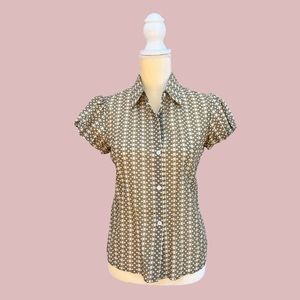 Theory Puff Short Sleeves Button Down Shirt Blouse Olive Green Ivory Sz S NWOT